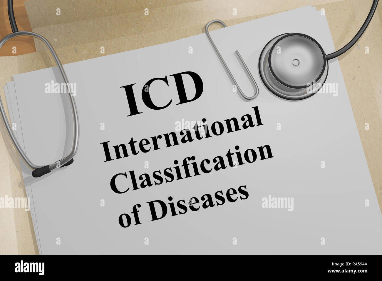 3D'illustrazione dell'ICD Classificazione Internazionale delle Malattie titolo su un documento medico Foto Stock