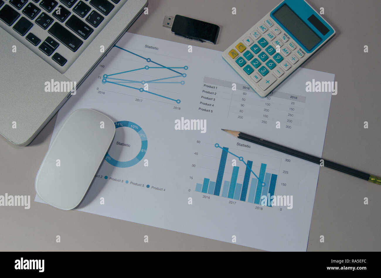 Grafici e grafico con il computer e il mouse sul tavolo. Foto Stock