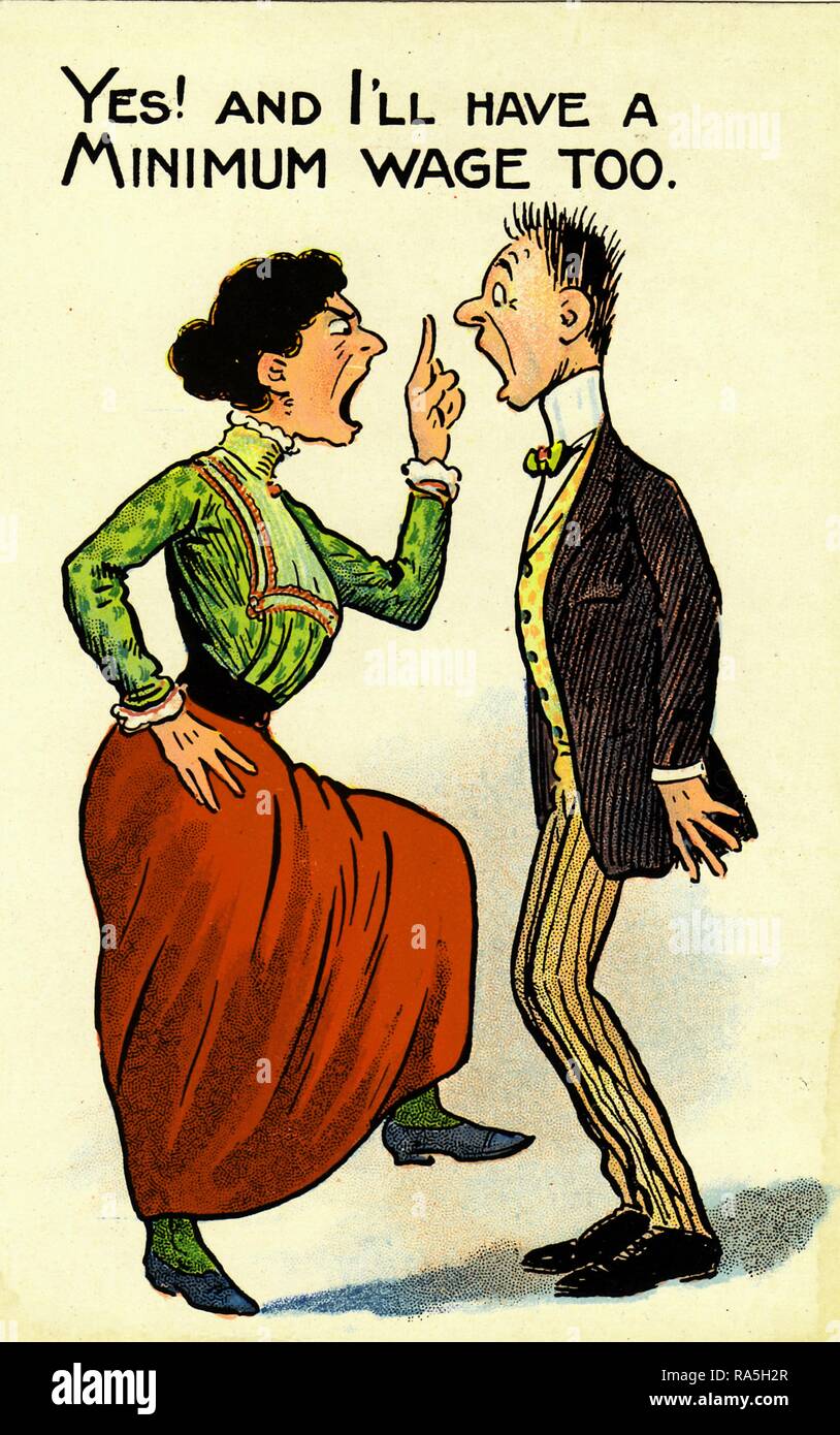 Anti-suffragio, cartolina a colori raffigurante una donna suffragist, indossa una camicia verde e lunga gonna rossa, chiedendo di essere pagati per svolgere i lavori di casa da urla a un uomo con capelli sollevata con il testo "Sì, e io sono un salario minimo troppo, ' pubblicato per il mercato britannico, 1900. () Foto Stock