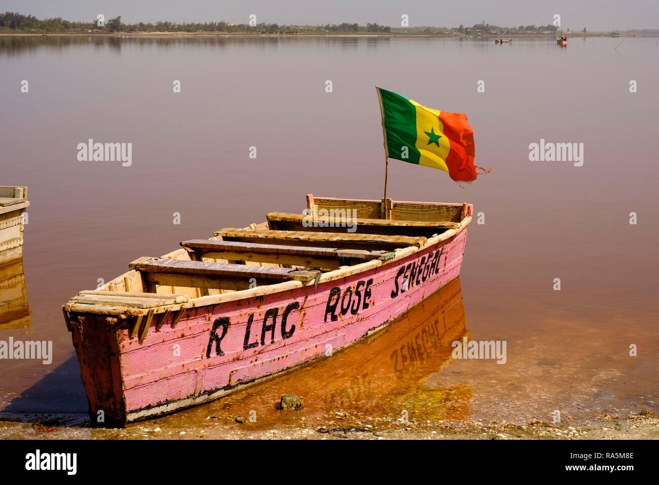 Colorate barche di legno a Lac Rose, regione di Dakar, Senegal Foto Stock