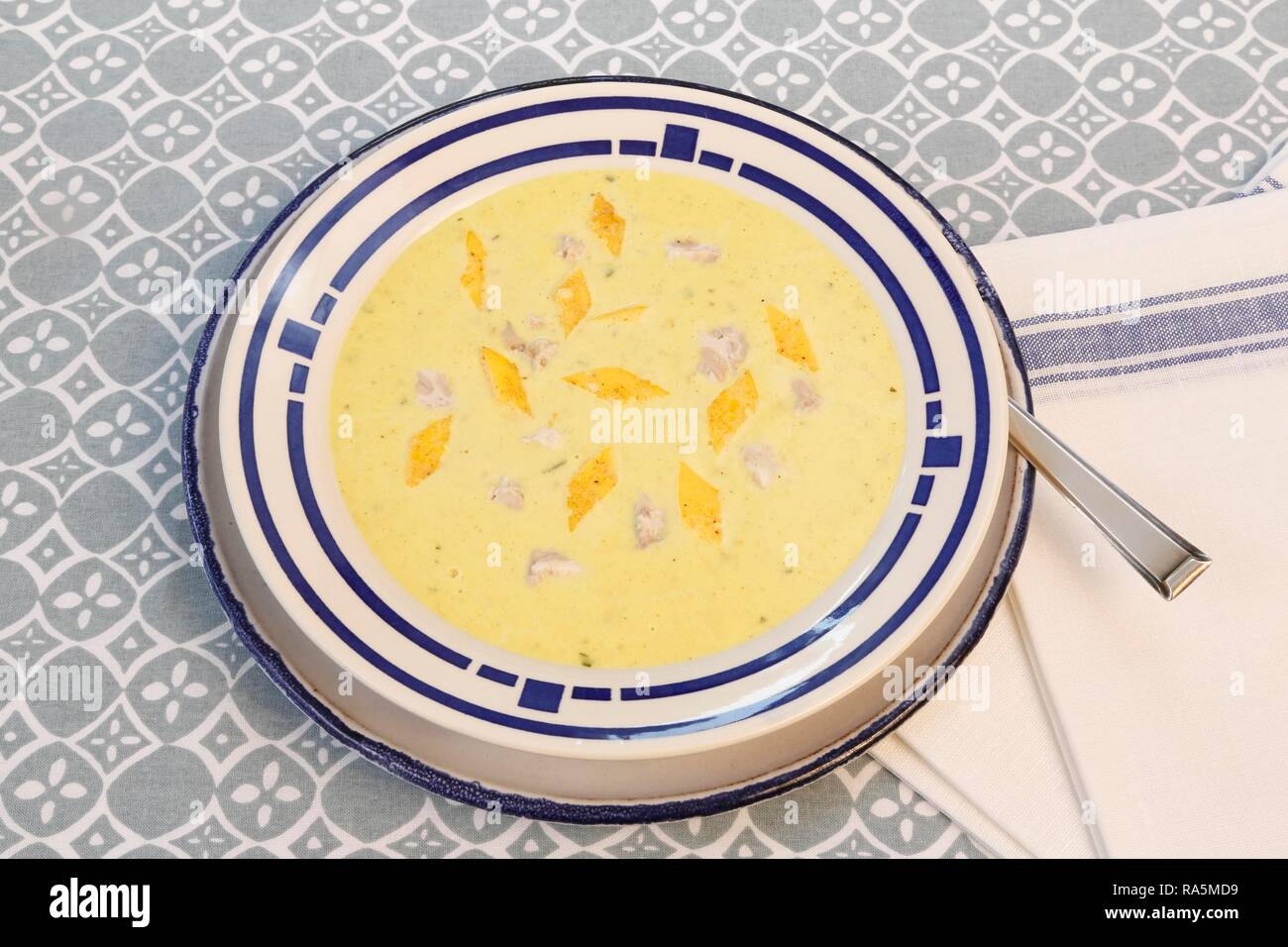 Sud della cucina tedesca, cervello zuppa con cucitura a uovo nella piastra di zuppa, vitello cervello, frattaglie, Germania Foto Stock