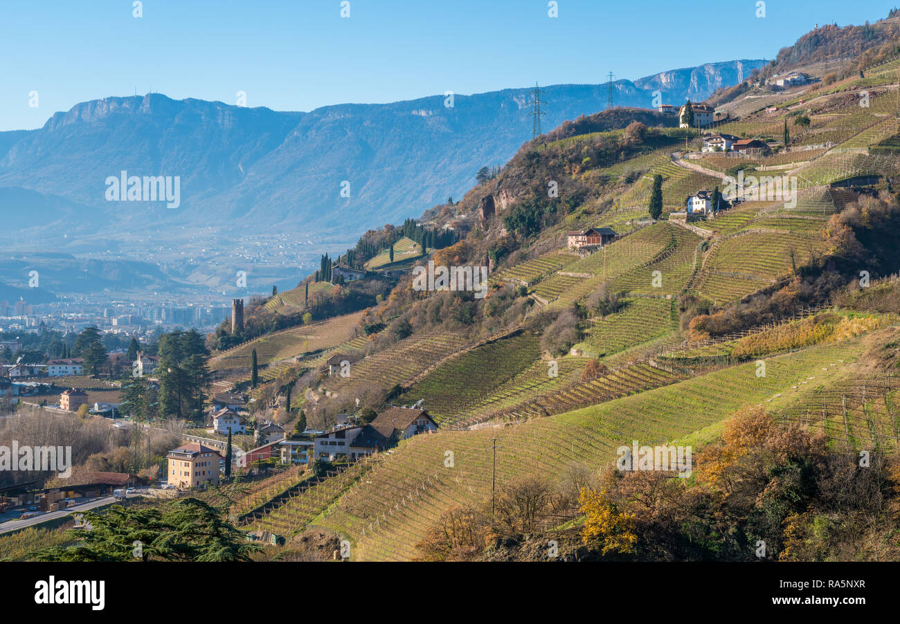 Paesaggio idillico da San Genesio funivia. Trentino Alto Adige, Italia. Foto Stock