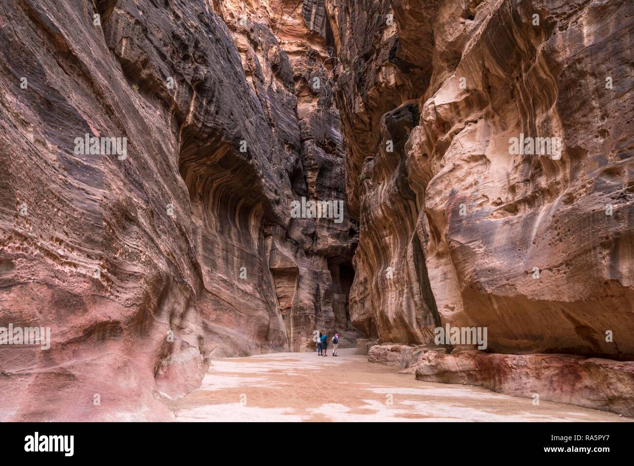 Il canyon stretto Siq conduce a Petra, Giordania Foto Stock