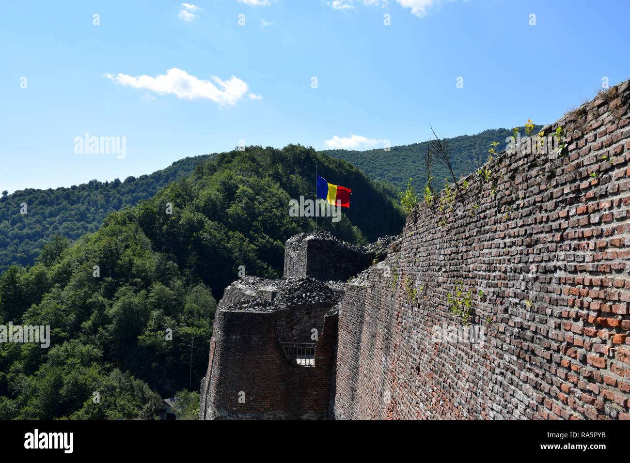 Bandiera rumena sventolare nel vento presso la rovina del castello di Poenari. La Romania bandiera nazionale. Foto Stock