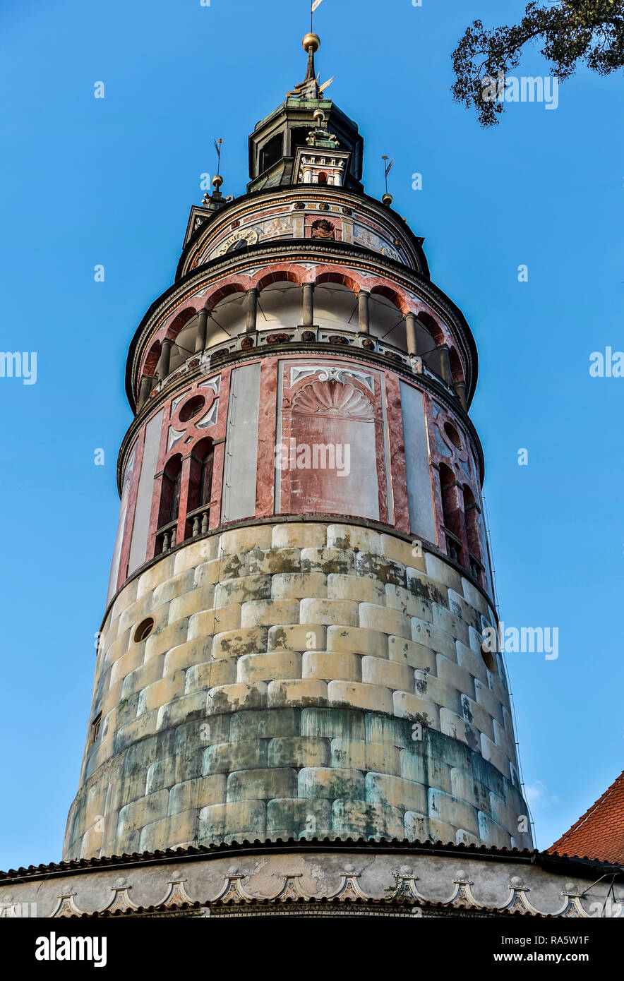 Round Tower, il Castello di Krumlov, Cesky Krumlov, Repubblica Ceca Foto Stock