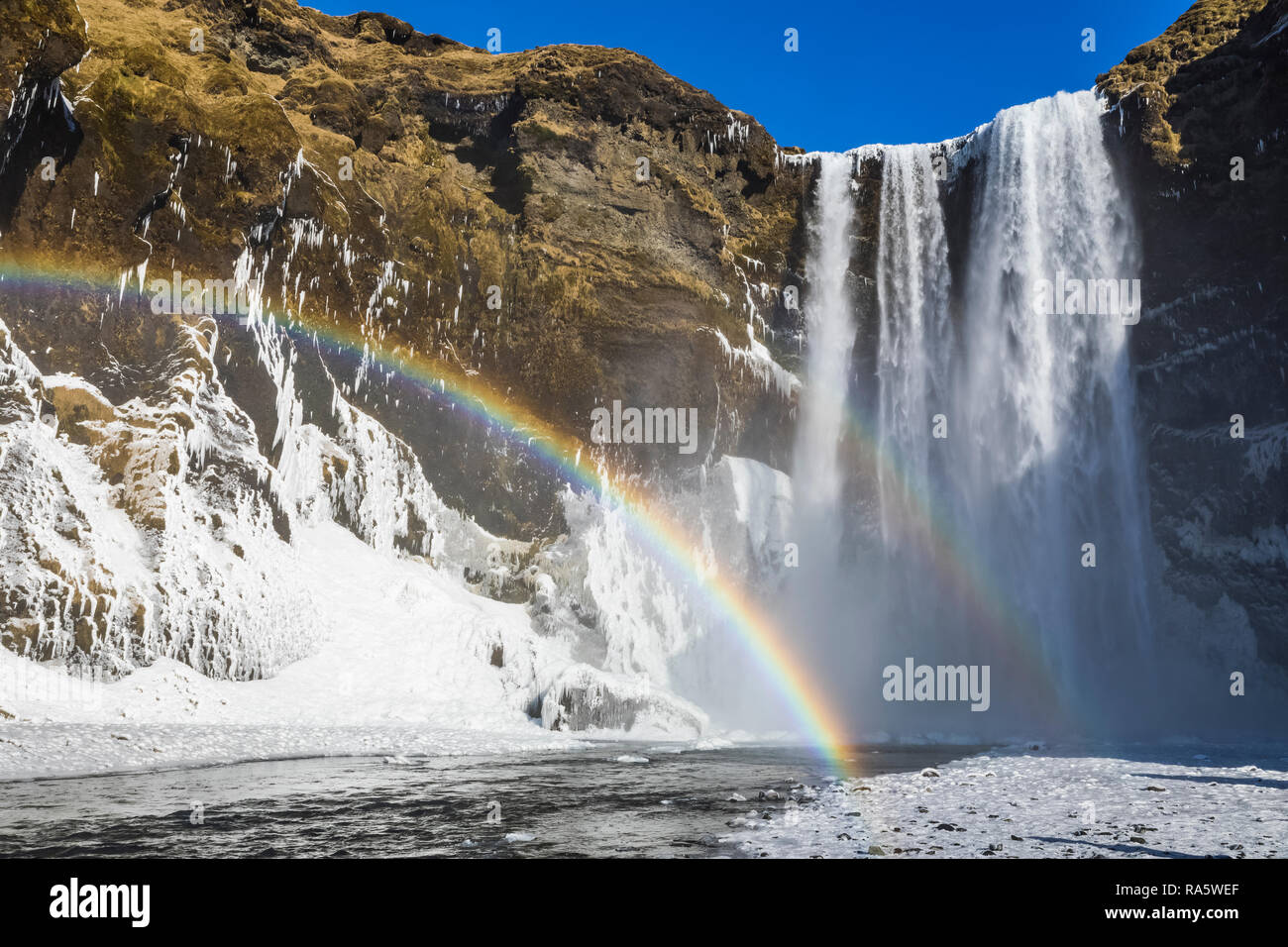 Skógafoss, una bellissima cascata con un arcobaleno in spray, lungo il fiume Skógá e caduta ex scogliere sul mare, lungo la costa sud dell'Islanda i Foto Stock