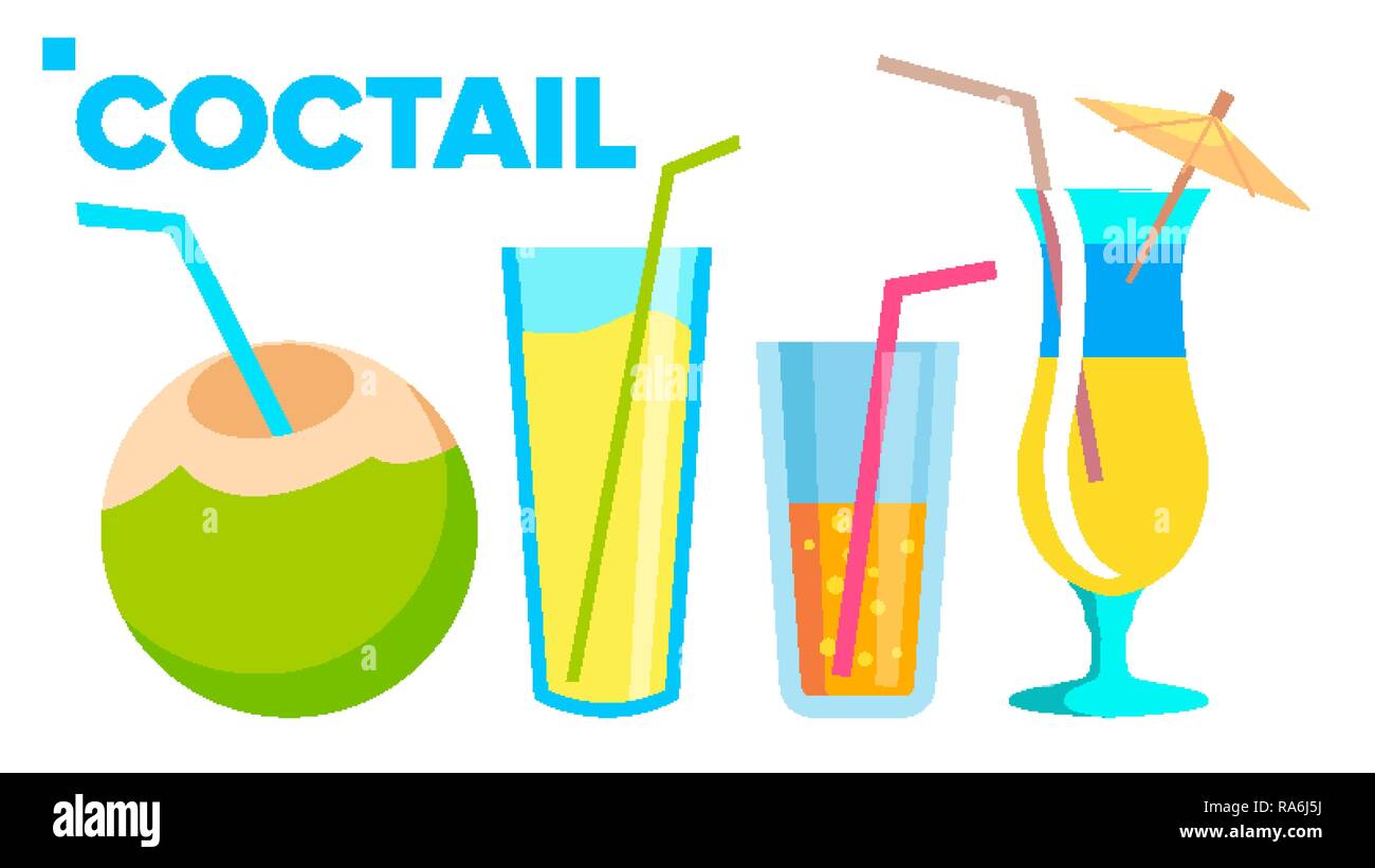 Coctail set di icone di vettore. In estate la bevanda alcolica. Holiday Beach Party Menu. Piatto isolato Cartoon illustrazione Illustrazione Vettoriale