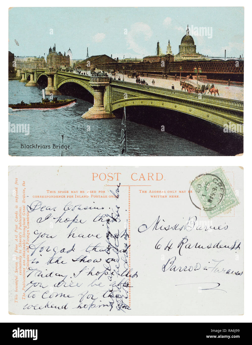 Cartolina di Blackfriars Bridge di Londra inviato a mancati Barnes, 64 Ramsdew Street, Barrow in Furness nel settembre 1908 Foto Stock