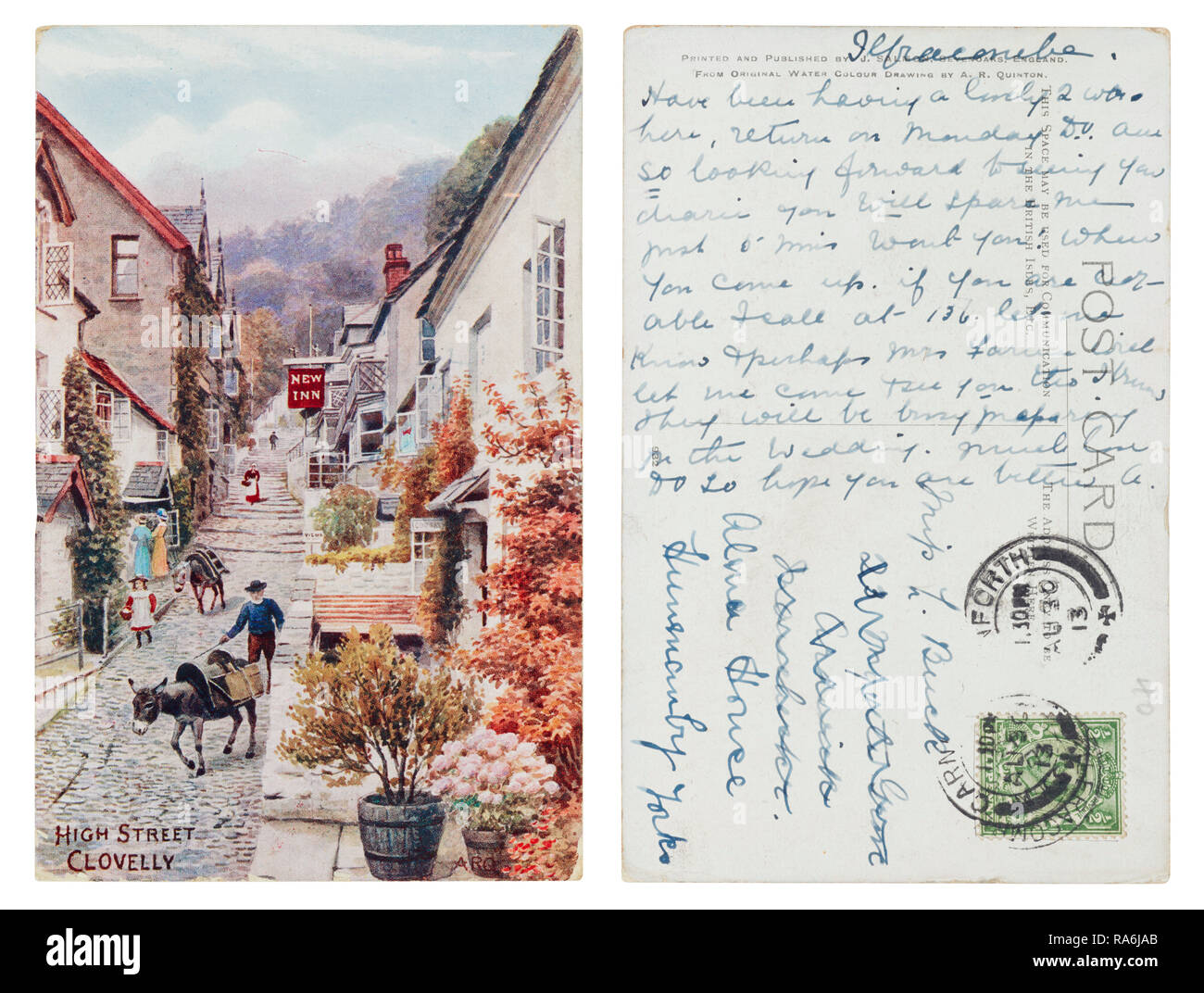 Cartolina di High Street, Clovelly con Carnforth farà fede il timbro postale datato 1913 Foto Stock