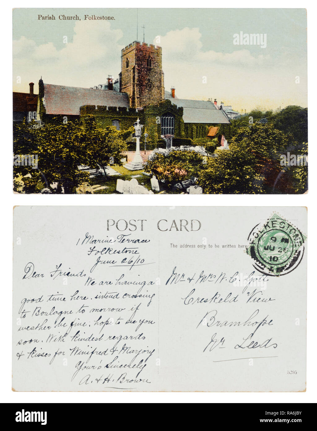 Cartoline inviate da A & H marrone a stare in 1 terrazzo marino, Folkestone nel giugno 1910 al Mr & Mrs Gott, vista Creskeld, Bramhope vicino a Leeds Foto Stock