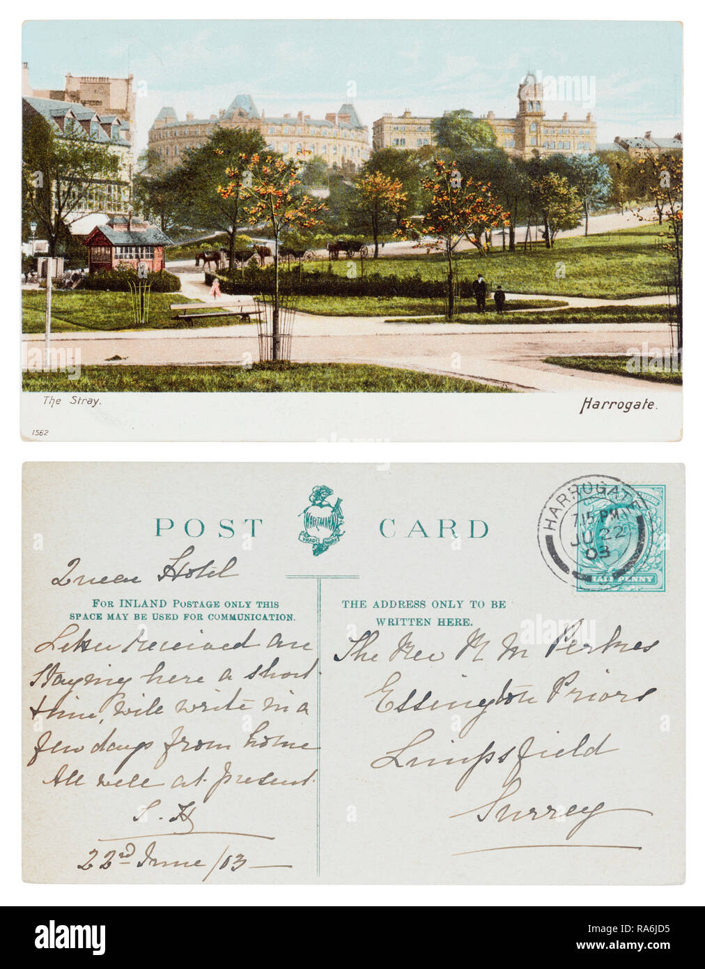 Cartoline inviate da Harrogate per Rev Perkes, Essington Priori, Limpsfield, Surrey nel giugno 1903 Foto Stock