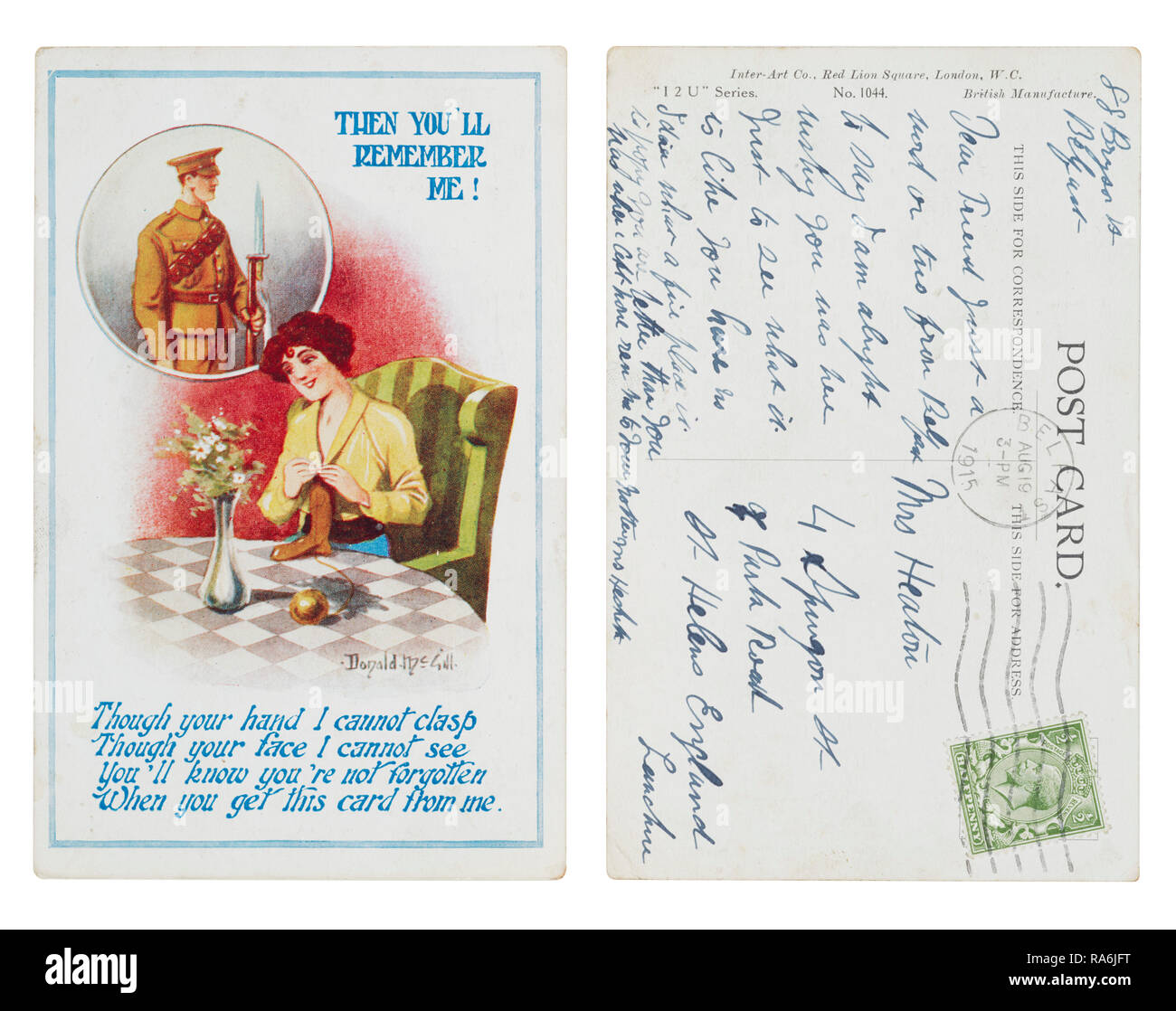 Cartolina da Donal McGill inviato da 88 Bryson Street Belfast alla onorevole Heaton, 4 Springon Street, Park Road, St Helens, Lancashire nel mese di agosto 1915 Foto Stock