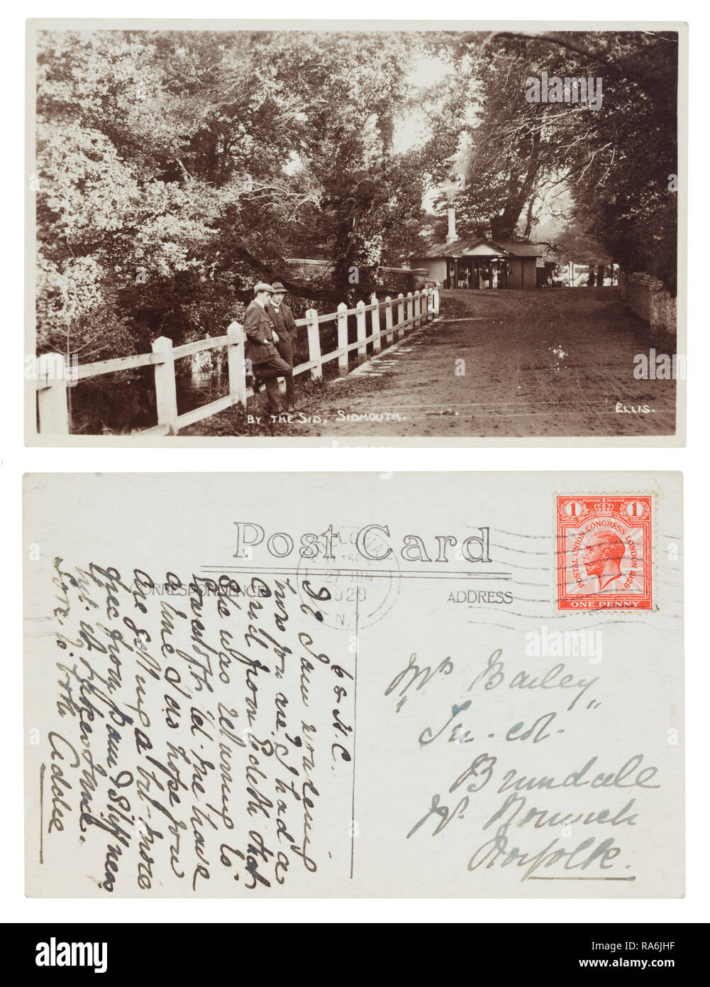 Cartolina del fiume Sid in Sidmouth da Addie alla signora Bailey, Su col, Brundall, Norwich nel giugno 1929 Foto Stock