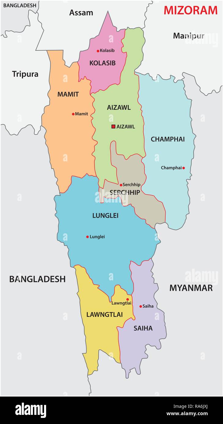 Il Mizoram (nord-est) politica e amministrativa di mappa vettoriale Illustrazione Vettoriale