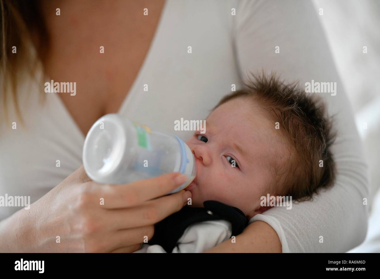 La madre nutre il bambino con biberon, 4 settimane, Germania Foto Stock