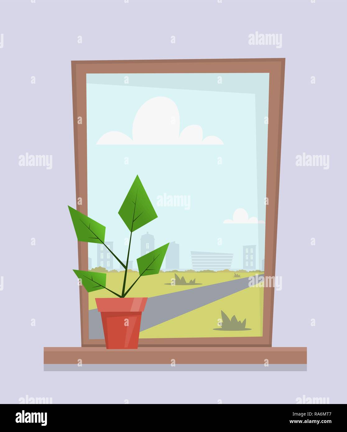 Finestra con pianta di casa in vaso sul davanzale. Panorama della città al di fuori della finestra. Cartoon carino illustrazione vettoriale in stile piatto Illustrazione Vettoriale