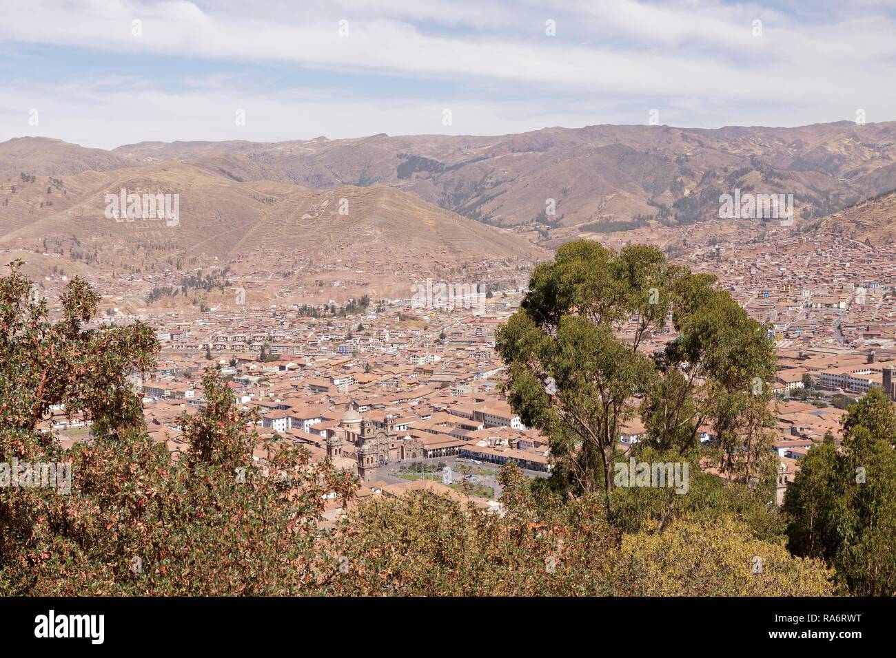 Vista su Cusco da Christo Blanco, altipiani andini, Perù Foto Stock