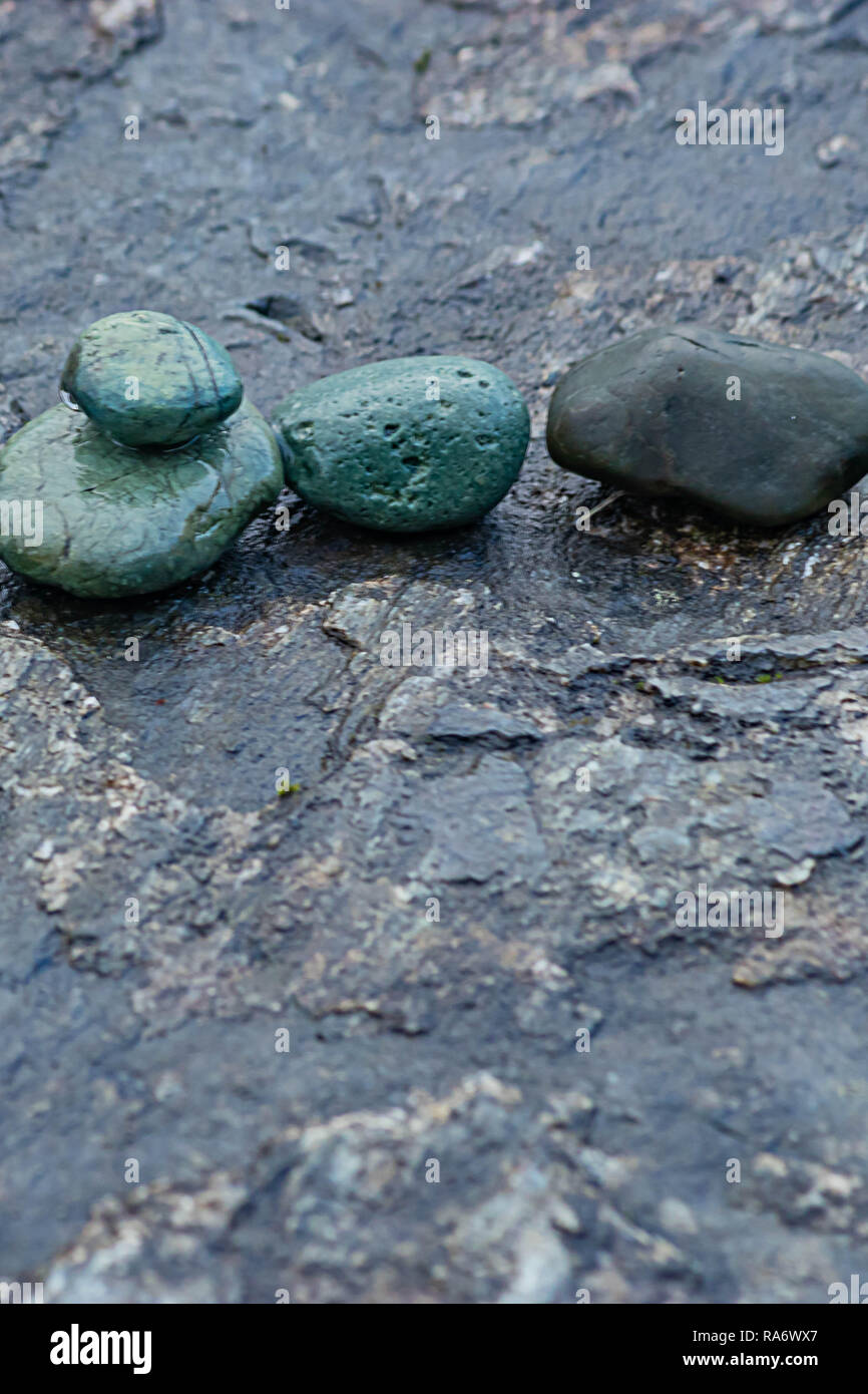 Lastra di pietra con piccolo verde e rocce nere Foto Stock