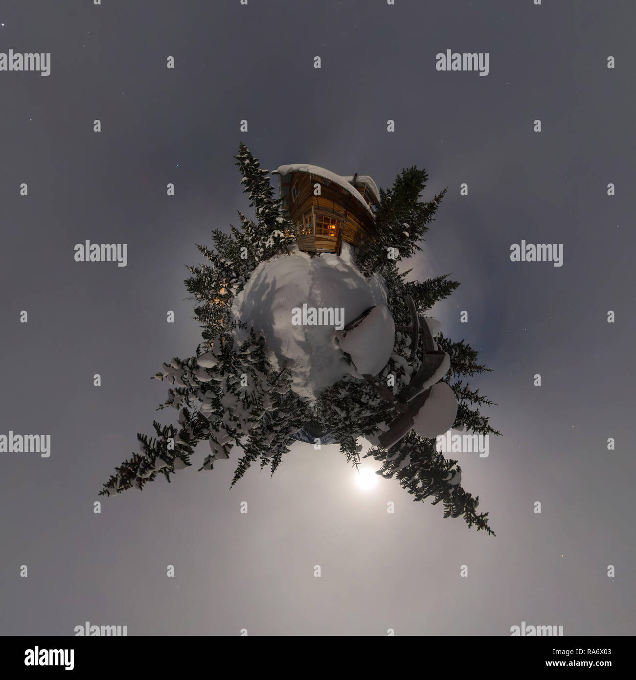 Panorama casa chalet durante una nevicata nel gli alberi della foresta di inverno di notte al chiaro di luna. Minuscolo pianeta 360 panorama Foto Stock
