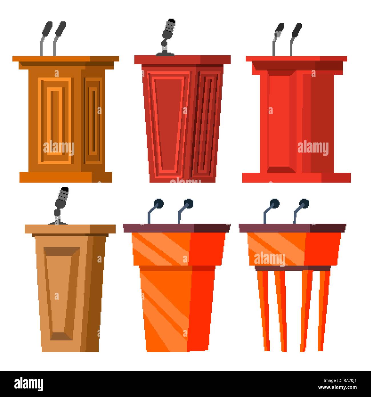 Tribune di vettore di supporto. Podio vuoto con il discorso di microfono. Stanza delle Udienze. Oratore, Altoparlante Lecture. Piatto isolato Cartoon illustrazione Illustrazione Vettoriale