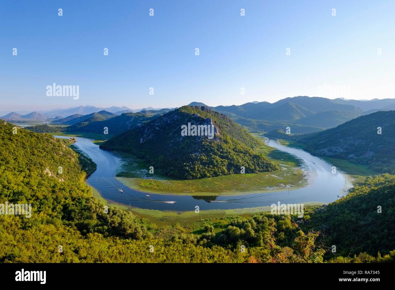 Ansa del fiume del fiume Rijeka Crnojevica, vista dal punto di vista Pavlova Strana, parco nazionale Skutarisee, vicino a Cetinje Foto Stock
