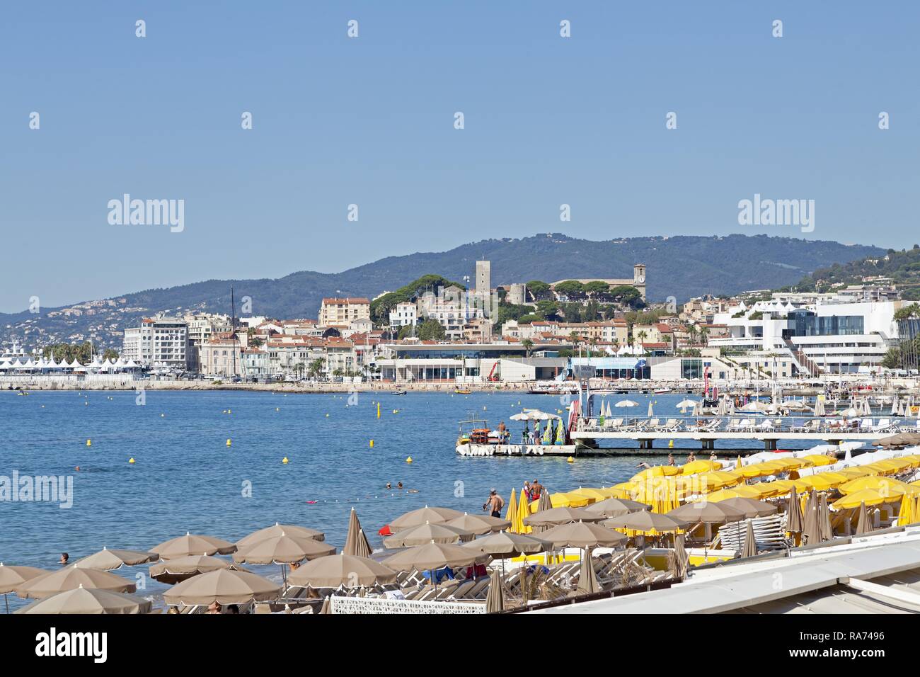 Vista dal lungomare sulla città vecchia di Cannes, Riviera Francese, Provence-Alpes-Côte d'Azur, in Francia Foto Stock