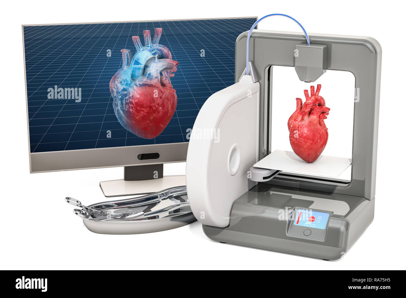 Creazione di un cuore artificiale su tre dimensioni, stampante 3d la stampa nel concetto di medicina. 3D rendering isolati su sfondo bianco Foto Stock