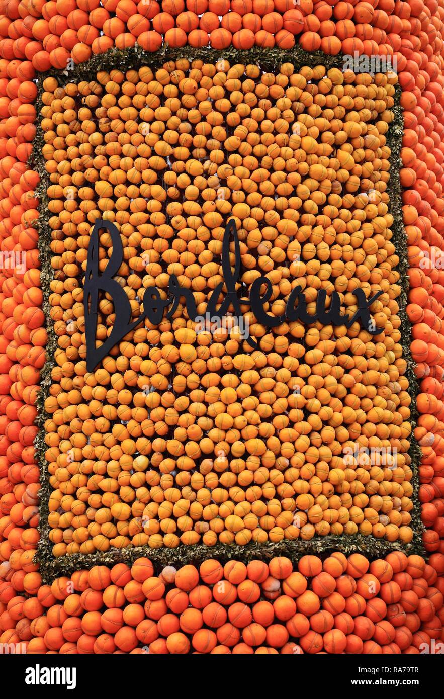 Rappresentazione del logo della regione di Bordeaux fatta di arance e di limoni, Sagra del limone, Fete du Citron, Menton, Francia Foto Stock