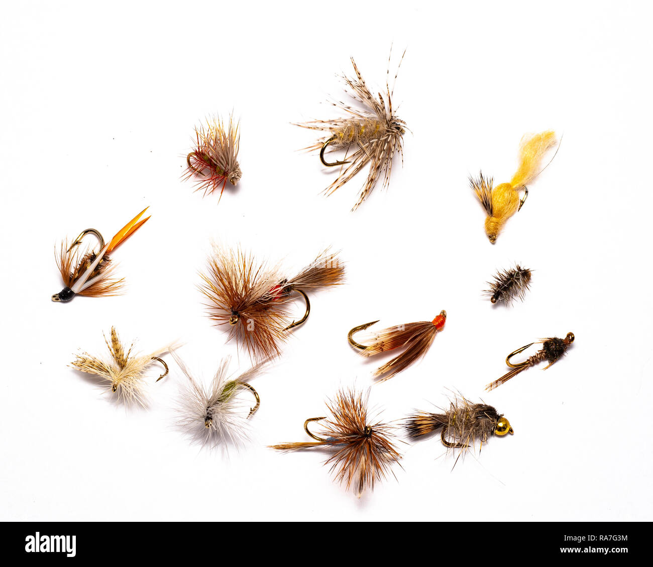 Una selezione di una dozzina di a secco e a umido progettato mosche per la pesca alla trota. Foto Stock