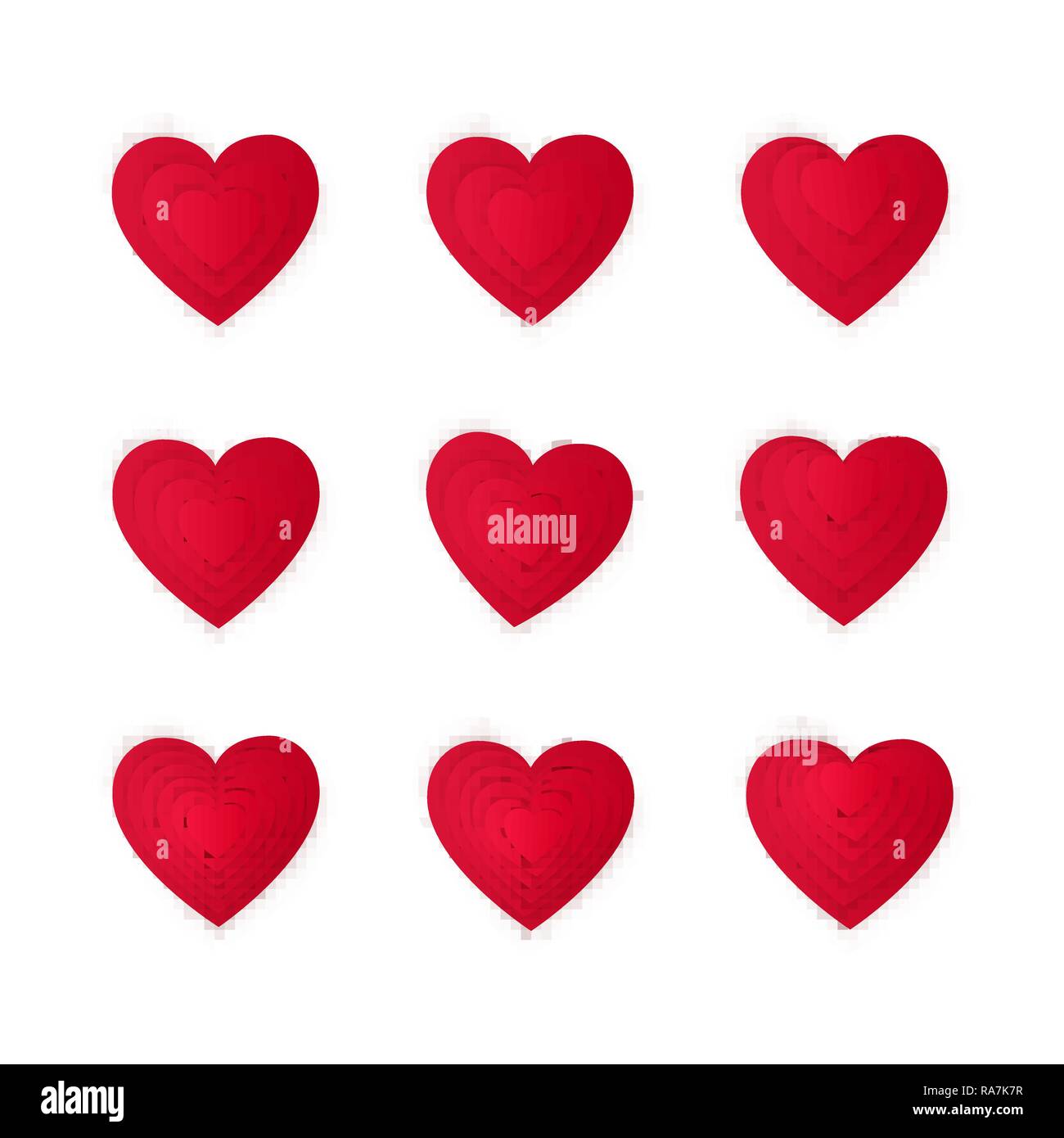Arte di carta cartone animato cuore rosso forma impostata. Il giorno di San Valentino Rossi Cuori di carta raccolta. Moderno design origami modello. Illustrazione Vettoriale Illustrazione Vettoriale