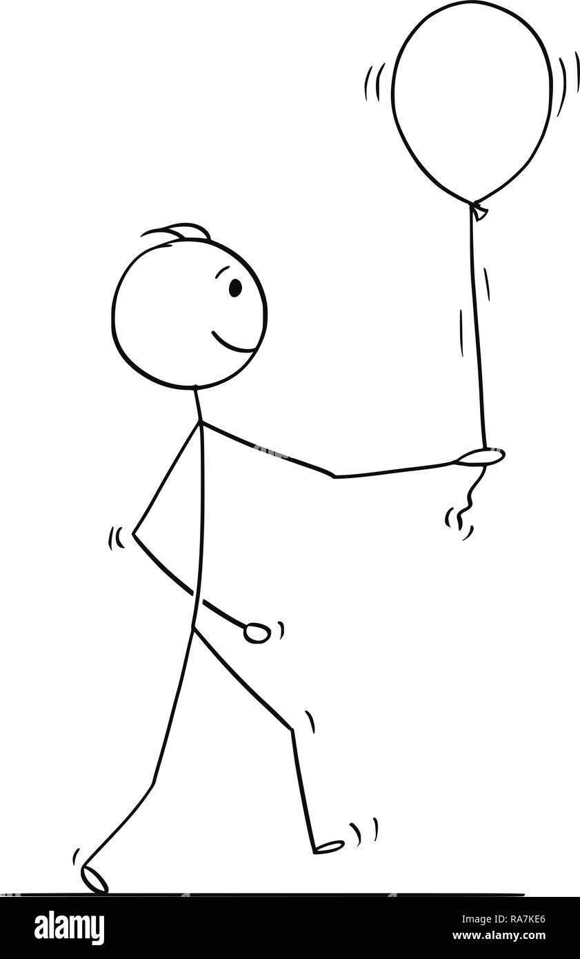 Stick Character Cartoon di uomo a camminare con palloncino Illustrazione Vettoriale