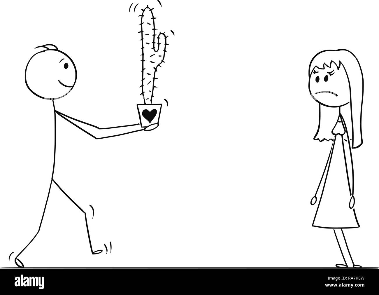 Stick Character Cartoon di amare l uomo o ragazzo dando Cactus fiore pianta per donna o ragazza della data Illustrazione Vettoriale