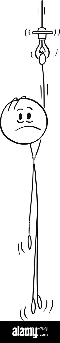 Cartoon di uomo appeso sulla lampadina della luce pendente Illustrazione Vettoriale