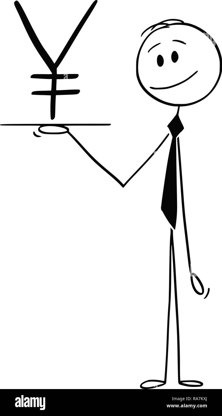 Cartoon di cameriere o imprenditore Azienda Salver o vassoio con lo yen giapponese il simbolo di valuta Illustrazione Vettoriale