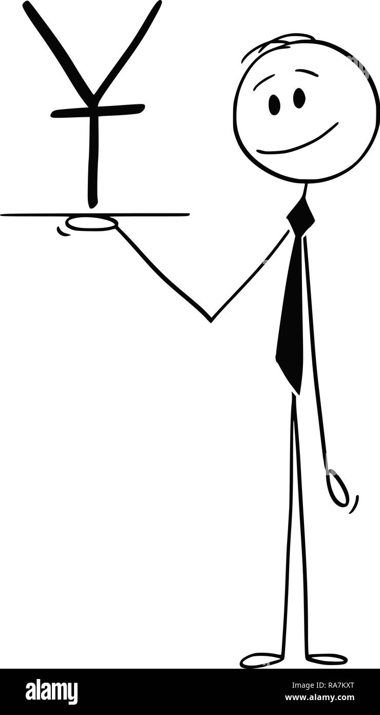 Cartoon di cameriere o imprenditore Azienda Salver o vassoio con il cinese Yuan Renminbi o simbolo di valuta Illustrazione Vettoriale