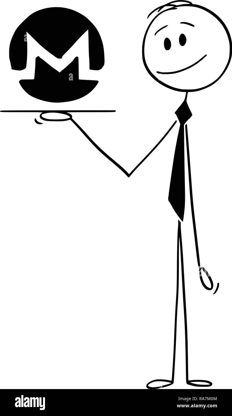 Cartoon di cameriere o imprenditore Azienda Salver o vassoio con Monero Cryptocurrency simbolo di valuta Illustrazione Vettoriale