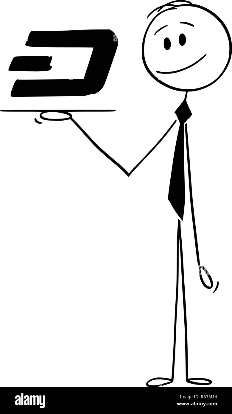 Cartoon di cameriere o imprenditore Azienda Salver o vassoio con cruscotto Cryptocurrency simbolo di valuta Illustrazione Vettoriale