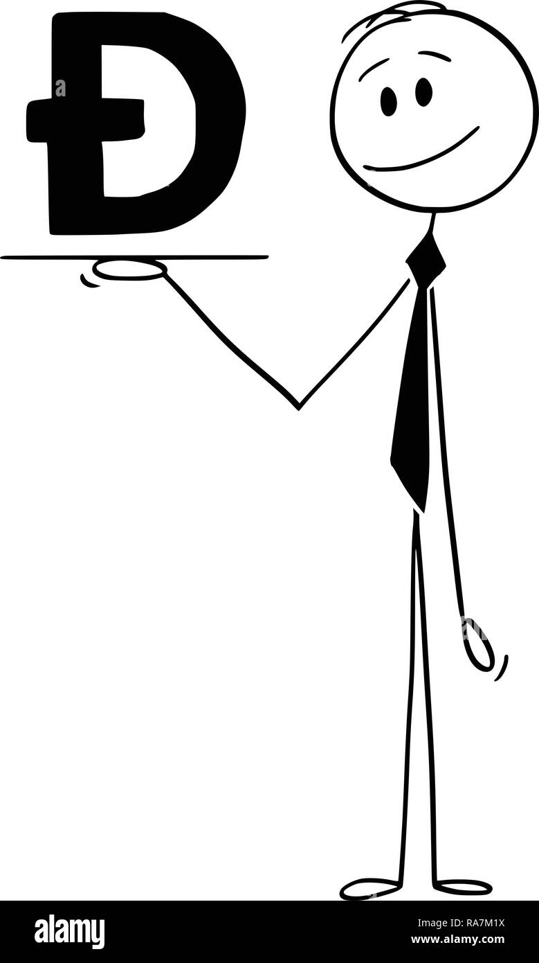 Cartoon di cameriere o imprenditore Azienda Salver o vassoio con Dogecoin Cryptocurrency simbolo di valuta Illustrazione Vettoriale