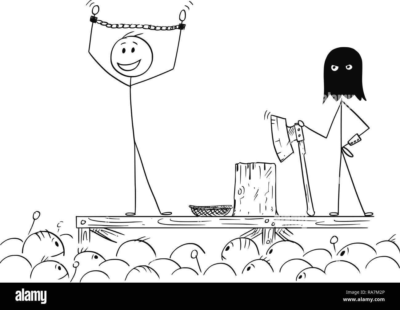 Cartoon di uomo godendo la folla in attesa sulla sua esecuzione Illustrazione Vettoriale