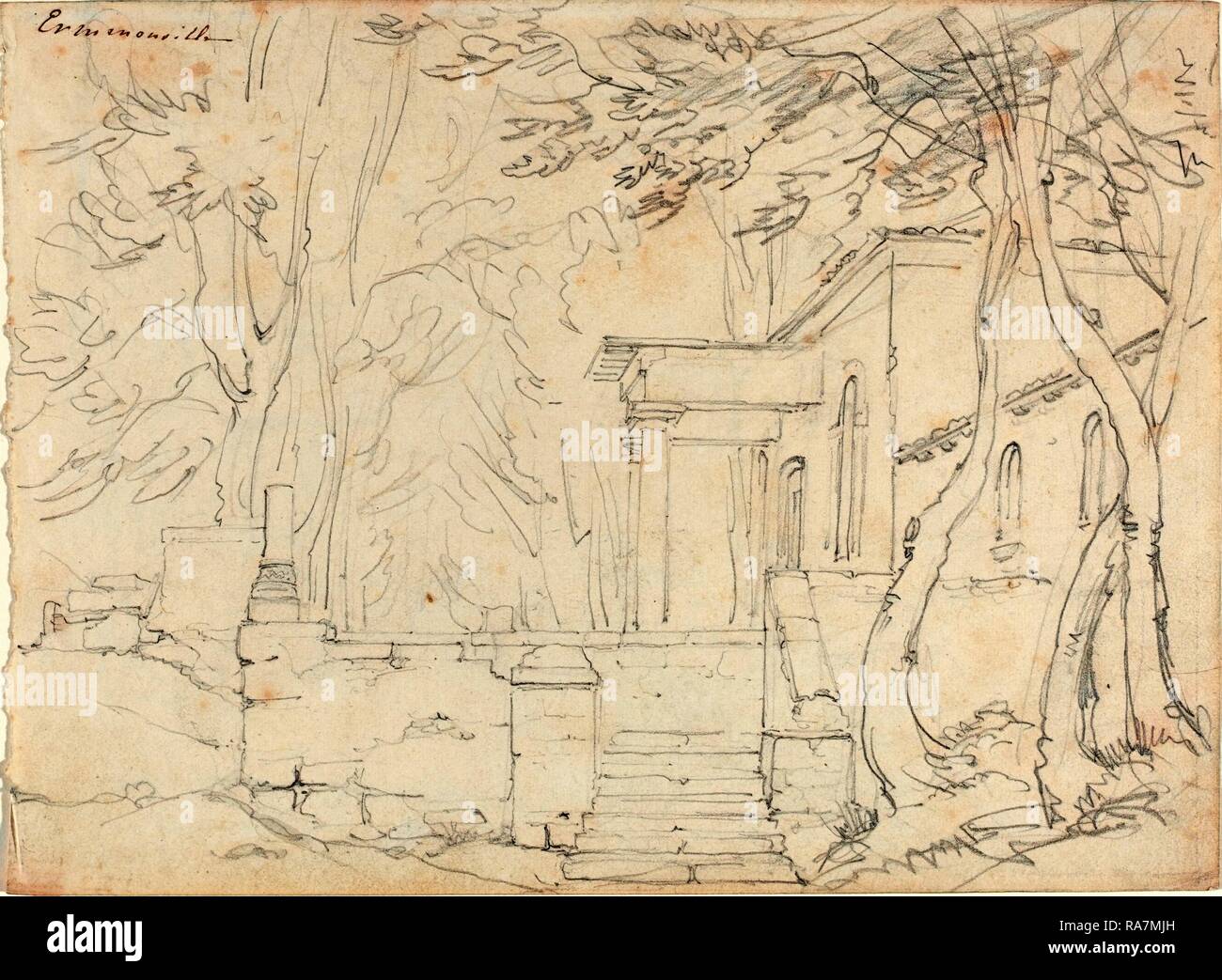 François-Édouard Bertin, francese (1797-1871), una casa con un portico a Ermenonville, Grafite su carta intessuta. Reinventato Foto Stock