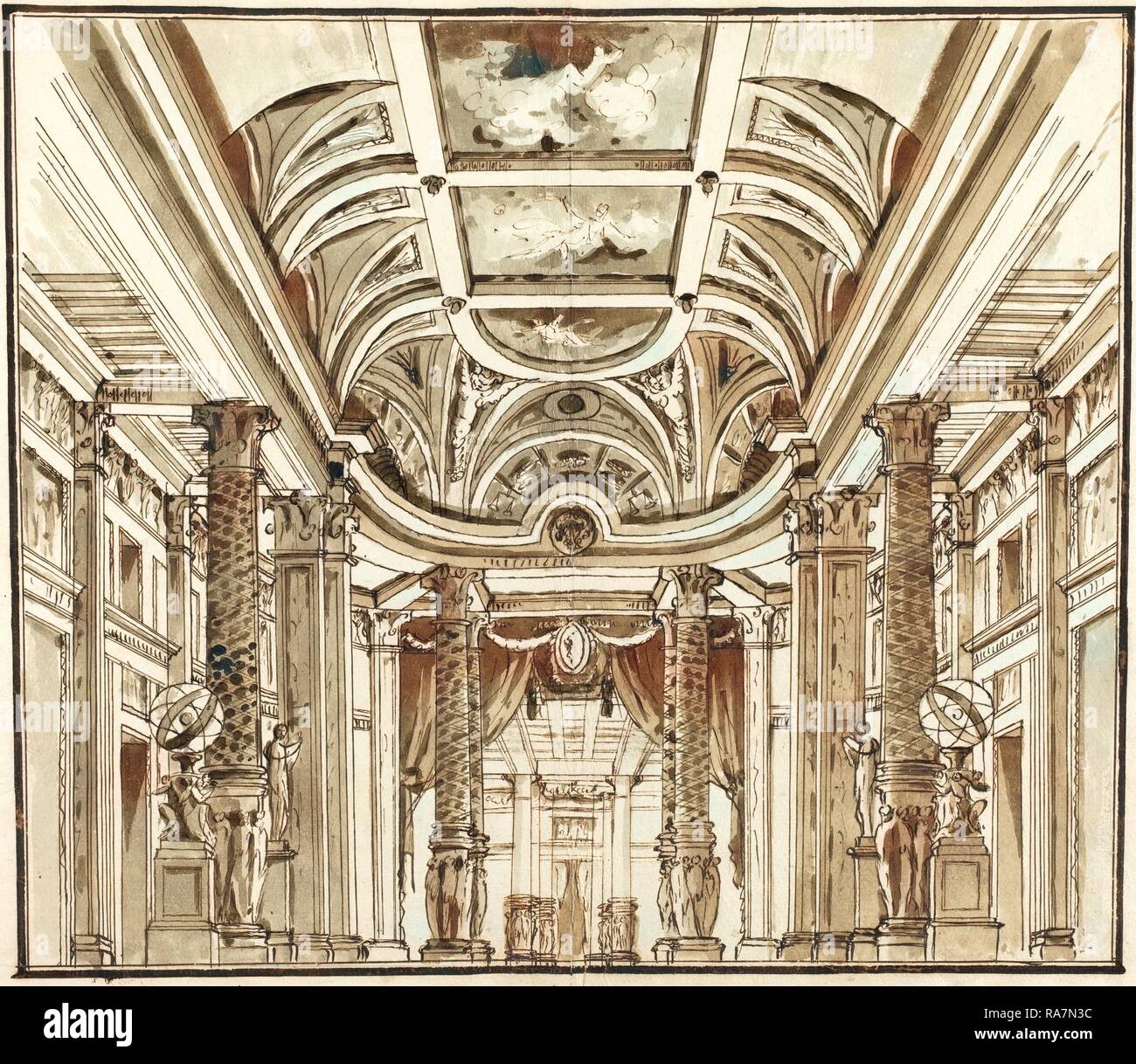 Pietro Gonzaga, italiano (1751-1831), la fantasia di un grande salone con colonne canestro, c. 1800, a penna e inchiostro bruno reinventato Foto Stock