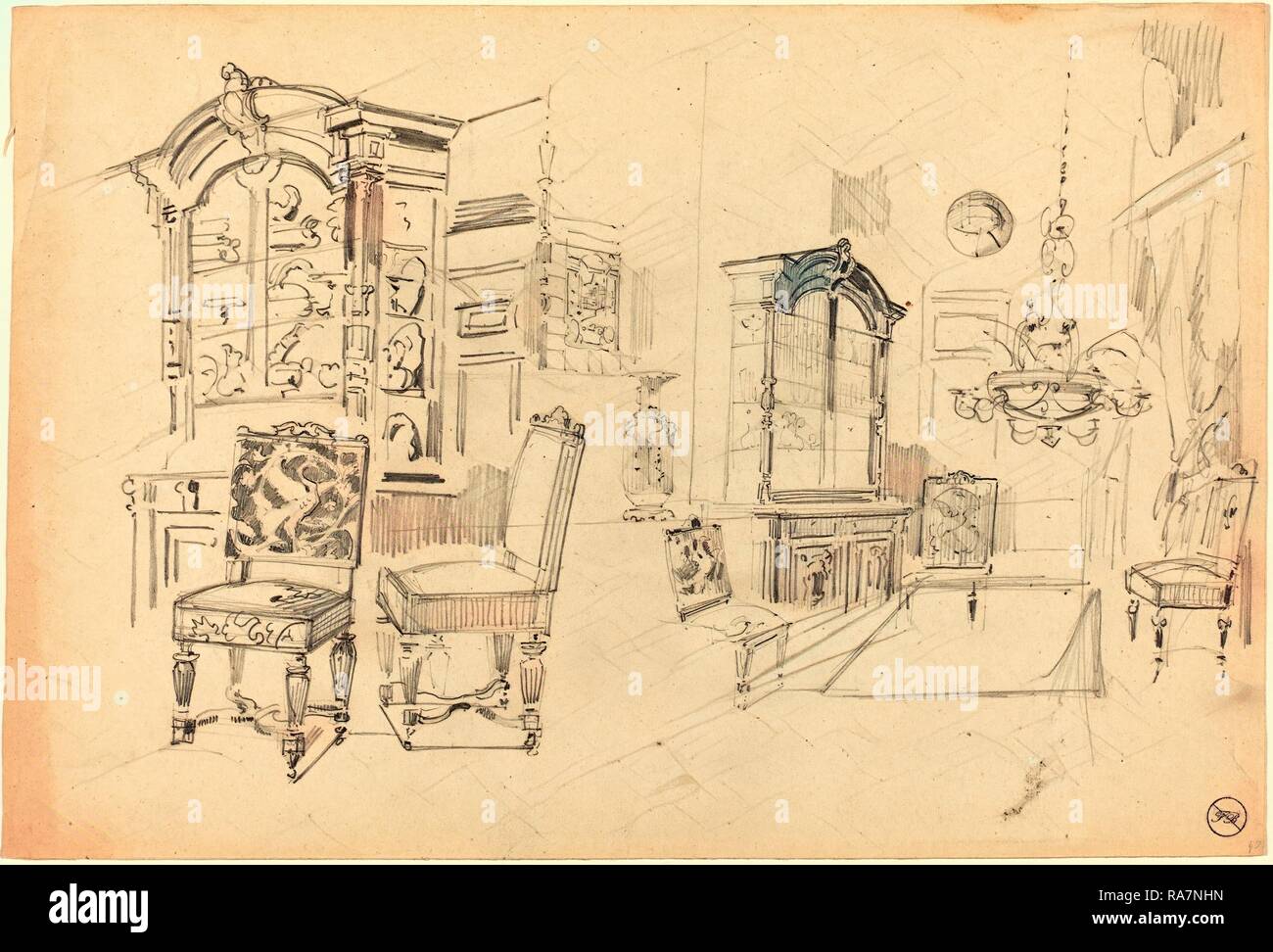 Buhot Félix-Hilaire, francese (1847-1898), un interno con mobili, Grafite su carta intessuta. Reinventato Foto Stock
