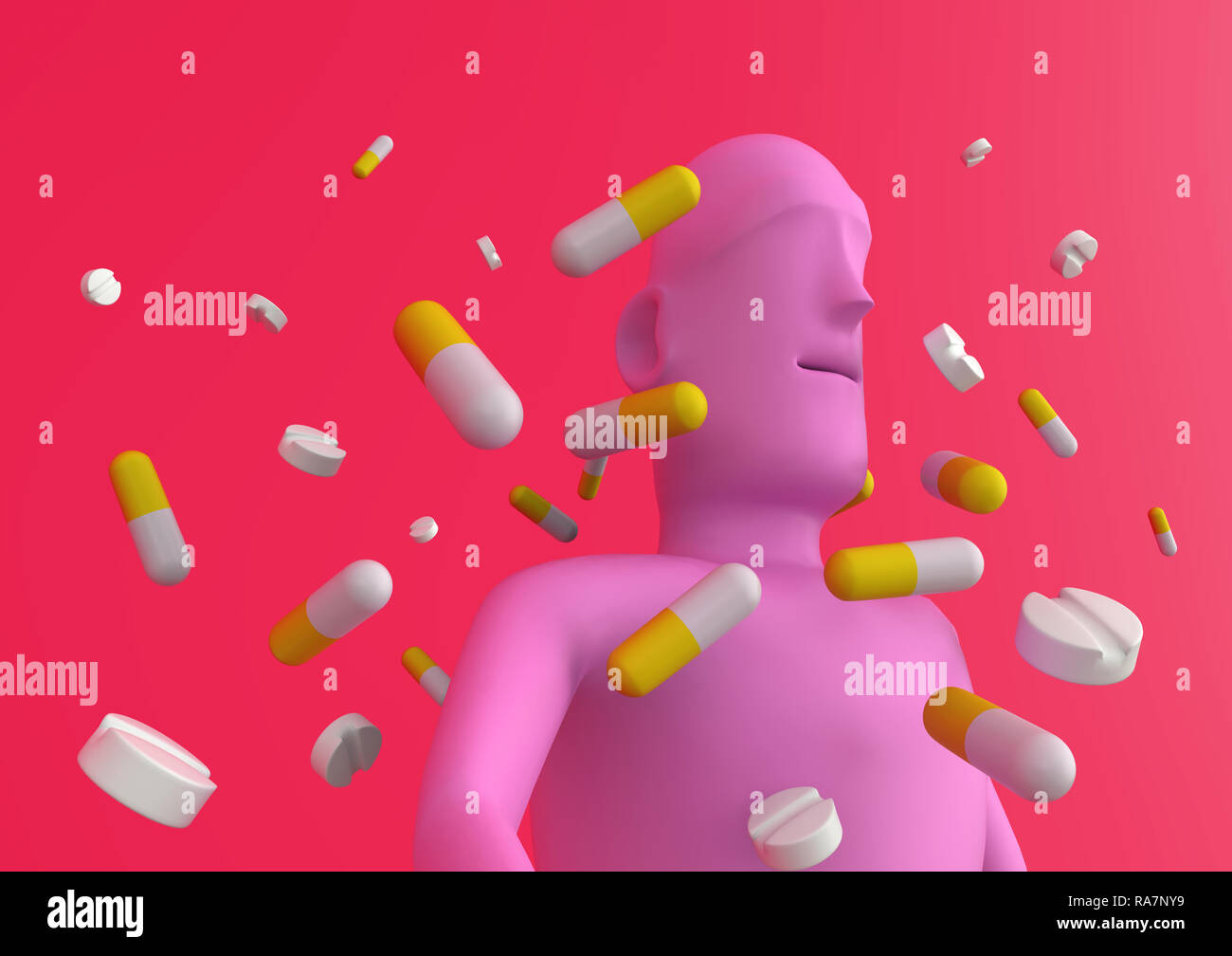 L epidemia di pillole e oppioidi. Conceptual immagine tridimensionale mostra una figura umana circondata da pillole di colore e analgesici. War on drugs. Foto Stock