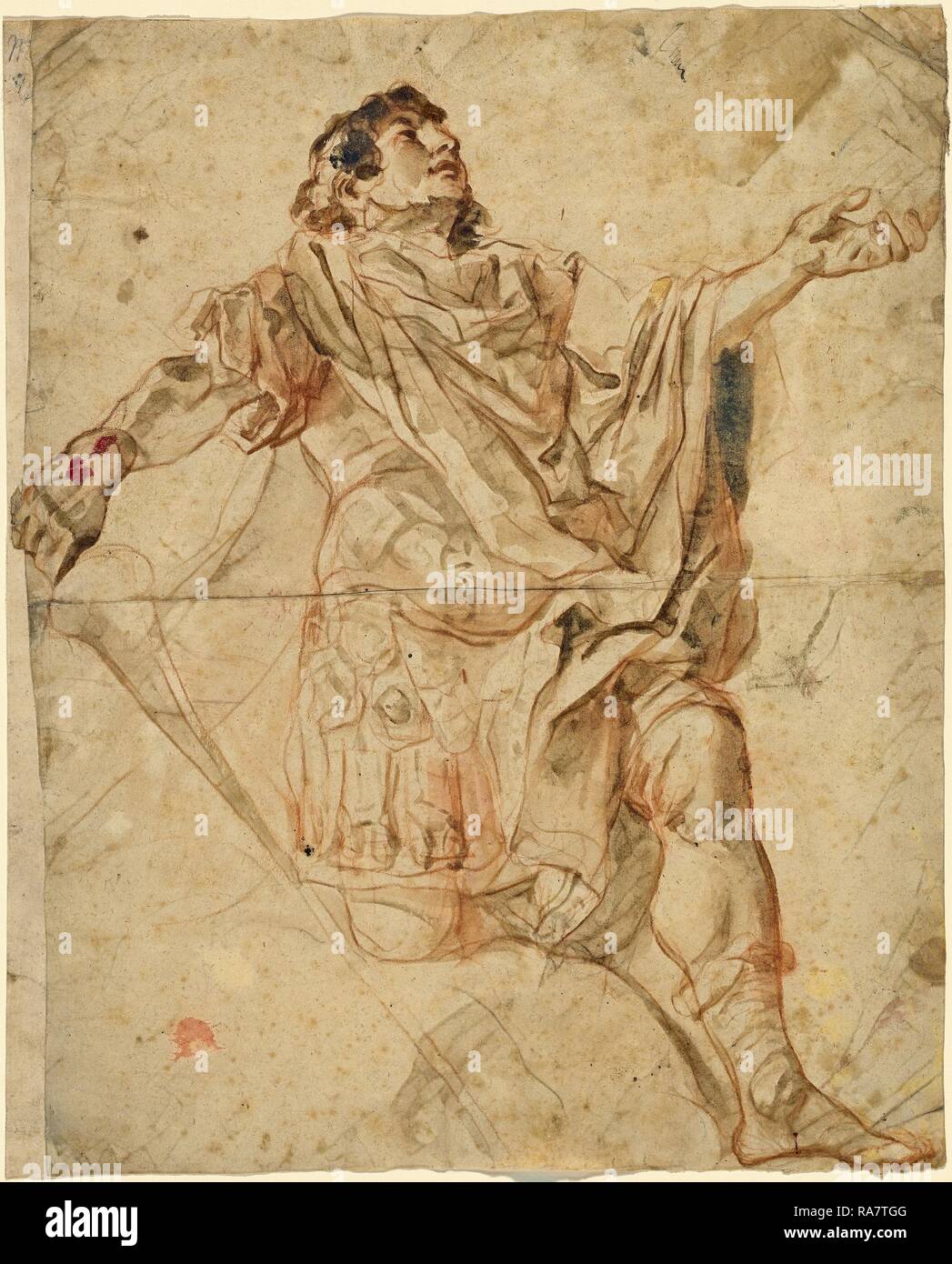 Cosmas Damian Asam (tedesco, 1686 - 1739), Saint George in ginocchio, 1720-1721, gesso rosso con il grigio-marrone con lavaggio reinventato Foto Stock