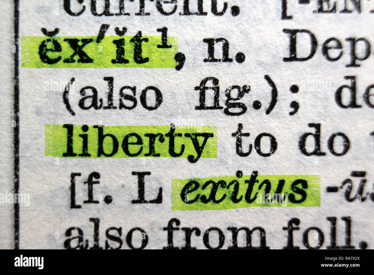 Uscire da liberty exitus parole evidenziate sulla Oxford English Dictionary, concetto, close up Foto Stock
