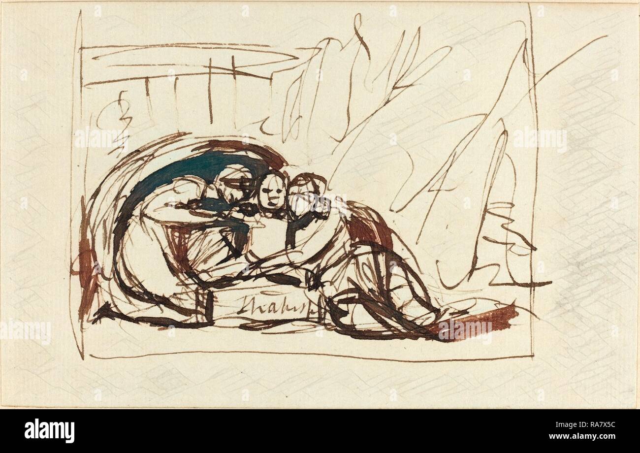 George Romney (British, 1734 - 1802), il neonato Shakespeare allattato da commedia e tragedia, 1783, penna e inchiostro bruno su reinventato Foto Stock