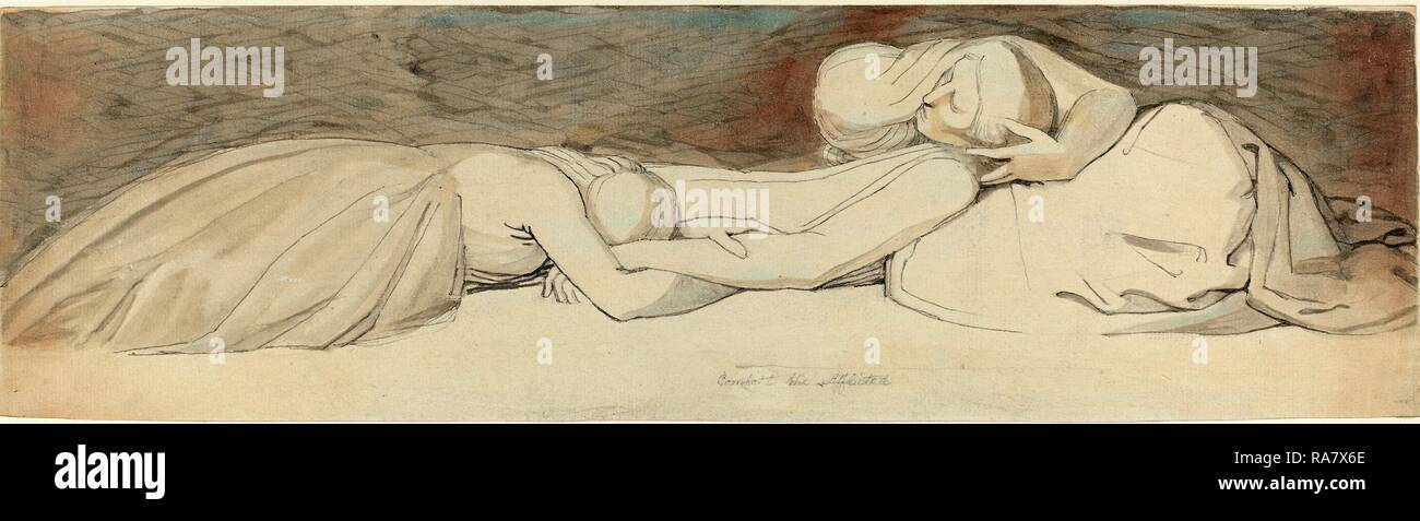 John Flaxman (British, 1755 - 1826), confortare gli afflitti, c. 1790, a penna e inchiostro grigio con grigio e marrone lavaggio reinventato Foto Stock