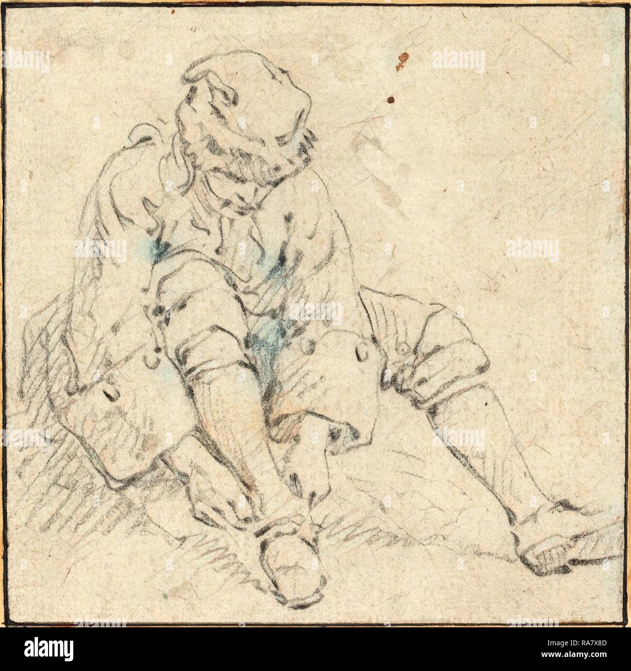 Attribuito a Jean-Baptiste Le Prince (francese, 1734 - 1781), l'uomo tira su la sua scarpa, 1761-1763?, gesso nero su cui reinventato Foto Stock