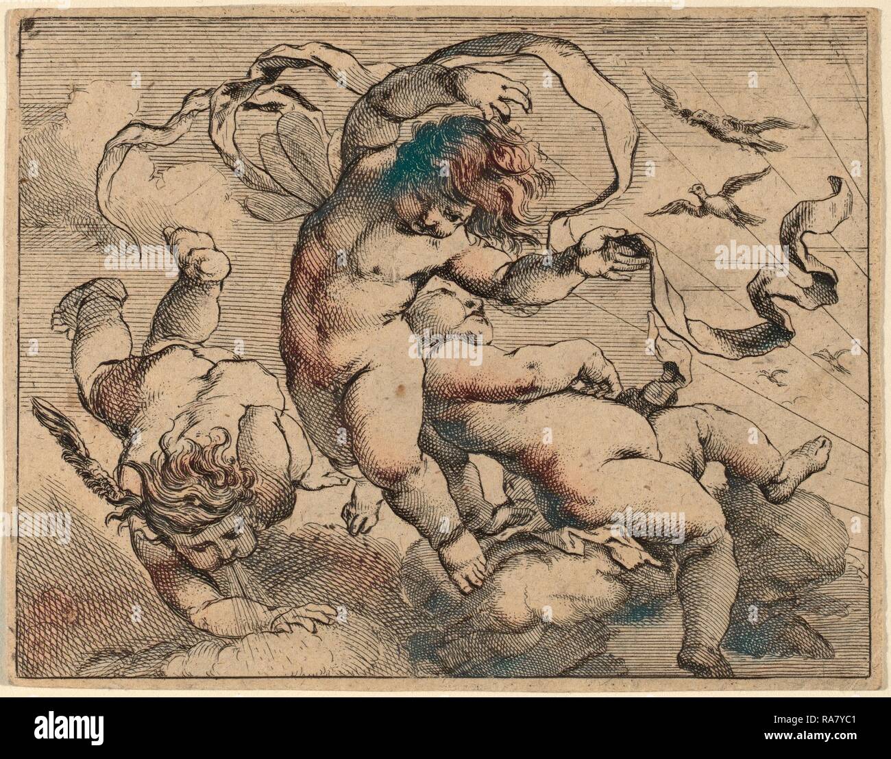 Cornelis Schut I (fiammingo, 1597 - 1655), Tre battenti putti, incisione e acquaforte su carta vergata. Reinventato Foto Stock