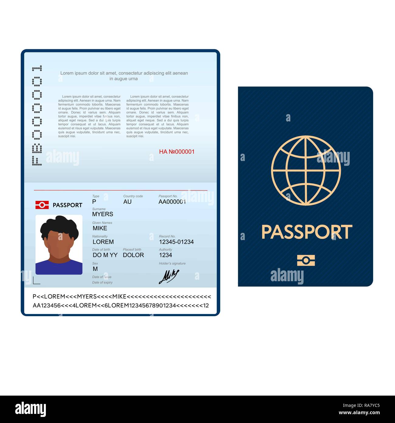 Aperto internazionale modello di passaporto con coperchio blu Illustrazione Vettoriale